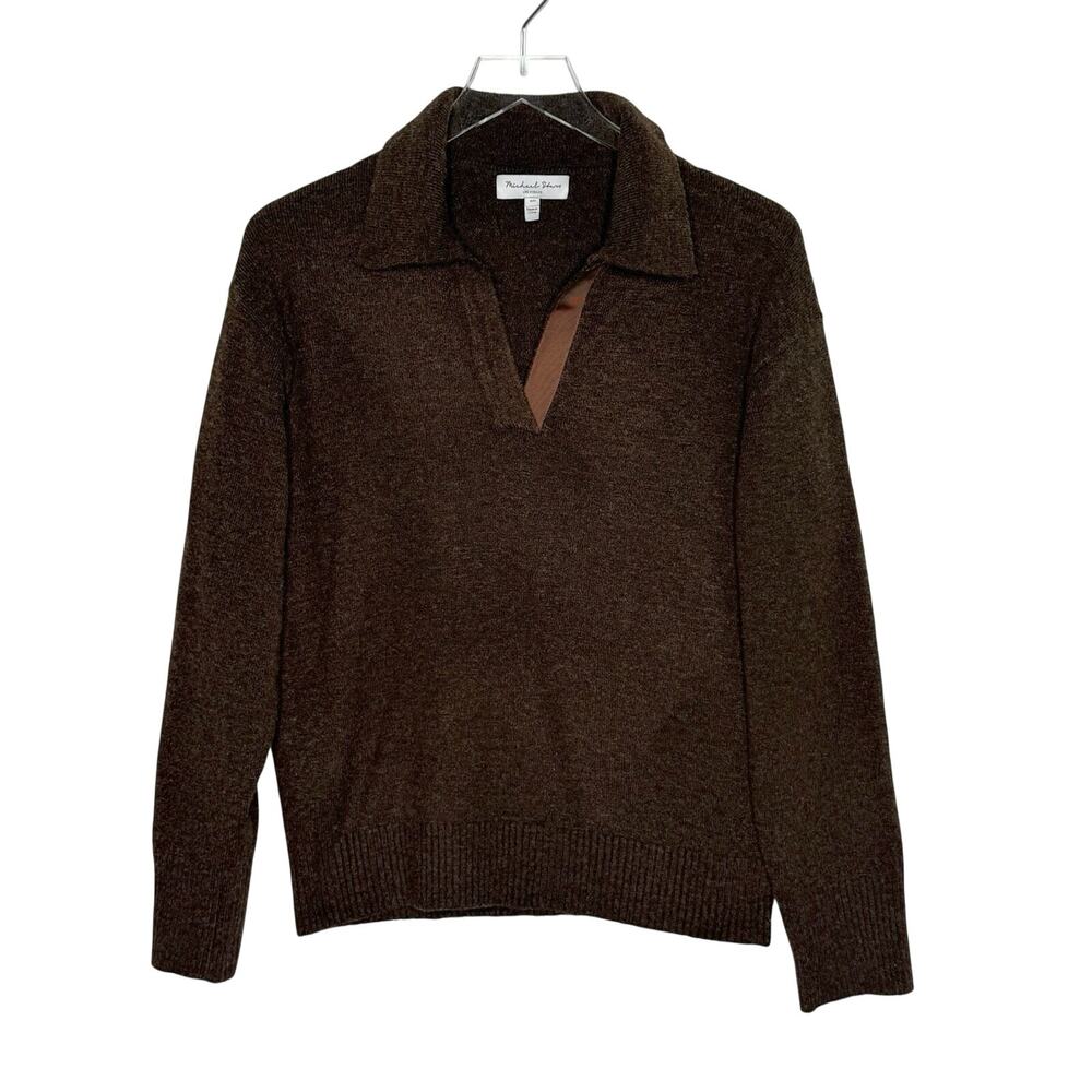 Michael Stars Chocolate Brown Polo Sweater XS Spread Collar V-neck Autumn Staple